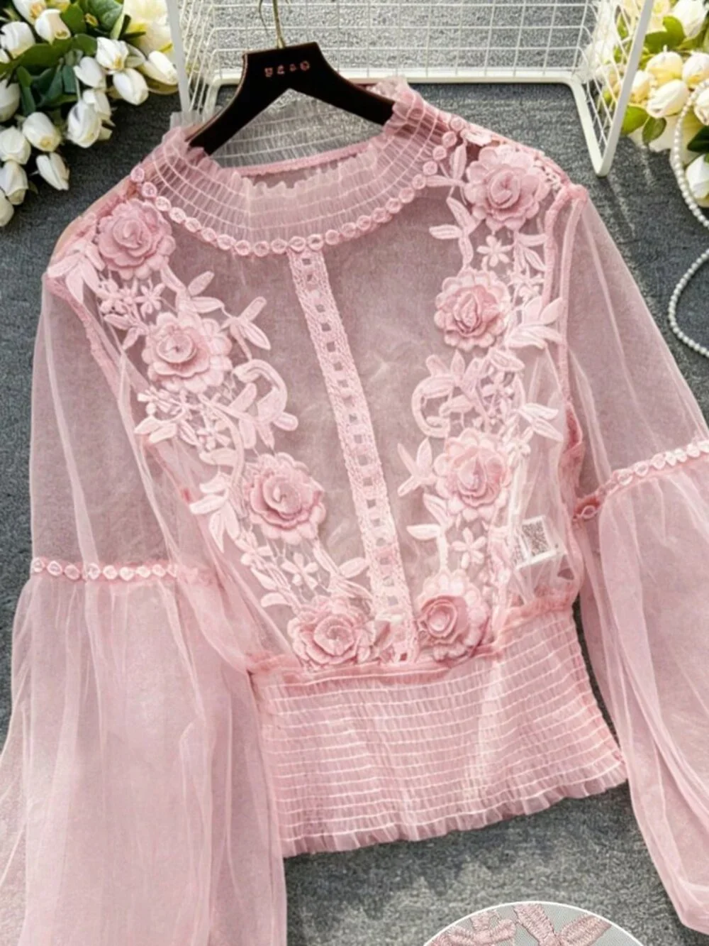 Pink Elegant Women's 3D Floral Patchwork Sheer Lantern Sleeve Cropped Top - Picture 2 of 6
